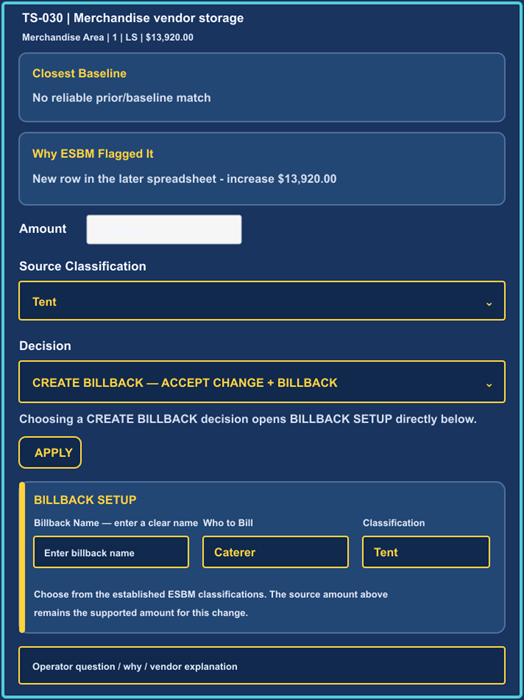 ESBM vendor adjustment and source classification controls
