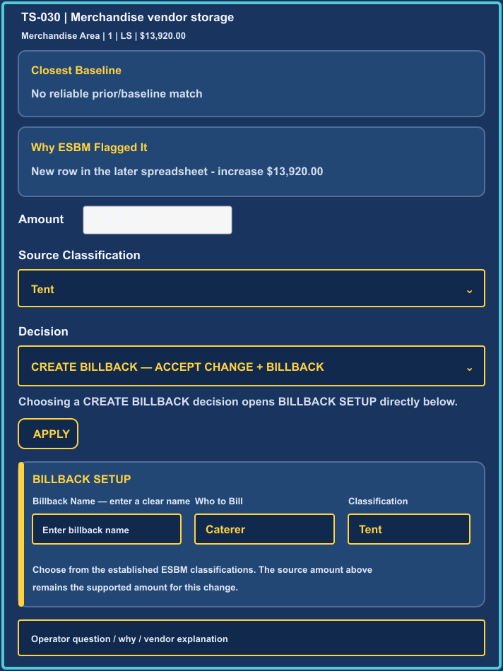 ESBM vendor adjustment and source classification controls