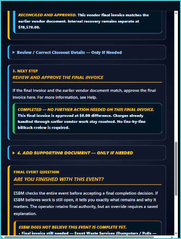 ESBM billback and credit workflow